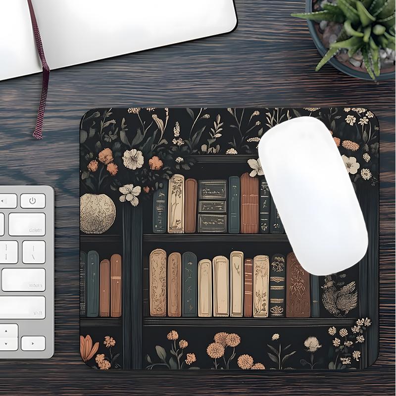 Floral Bookshelf Pattern Mouse Pad, Rectangle Gaming Mouse Pad, Non-slip Rubber Pad, Desktop Decoration Protective Pad for Home Office, Office Desk Accessories