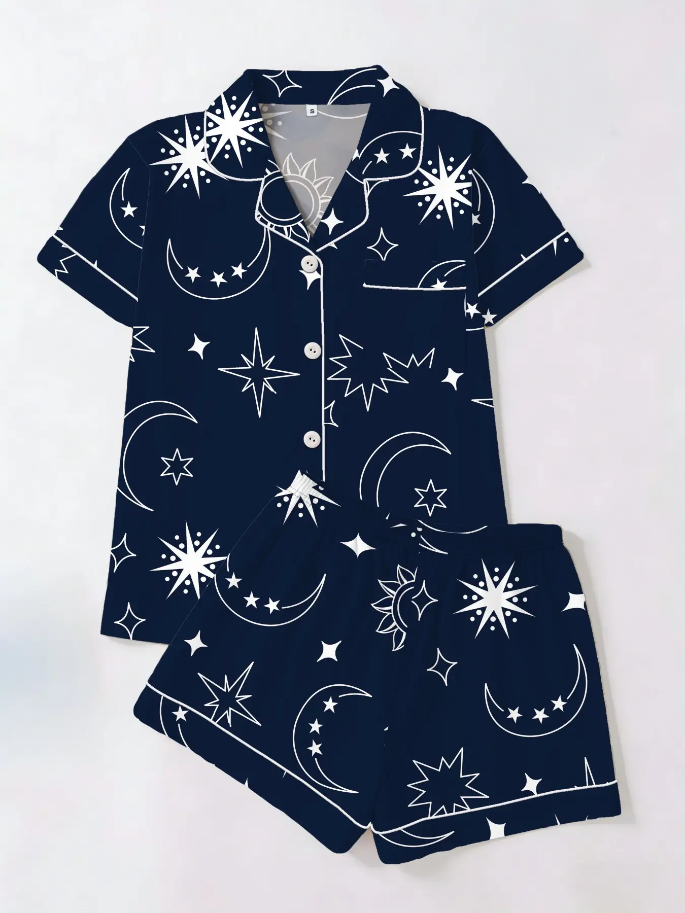 Tiktok Trend! Style Starry Sun Print Sleepwear Set Pajamas for Women, Short Sleeve Cardigan Shorts Homeewear, Casual All Seasons