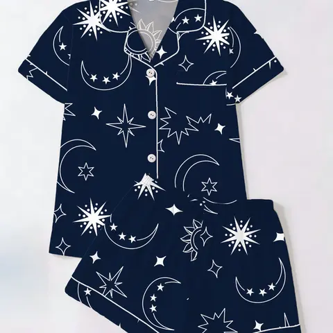 Tiktok Trend! Style Starry Sun Print Sleepwear Set for Women, Short Sleeve Cardigan Shorts Homeewear, Loungewear Pajamas, Casual All Seasons