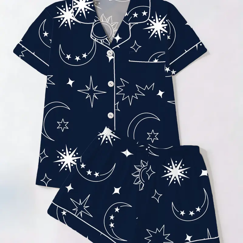 Tiktok Trend! Style Starry Sun Print Sleepwear Set for Women, Short Sleeve Cardigan Shorts Homeewear, Loungewear Pajamas, Casual All Seasons
