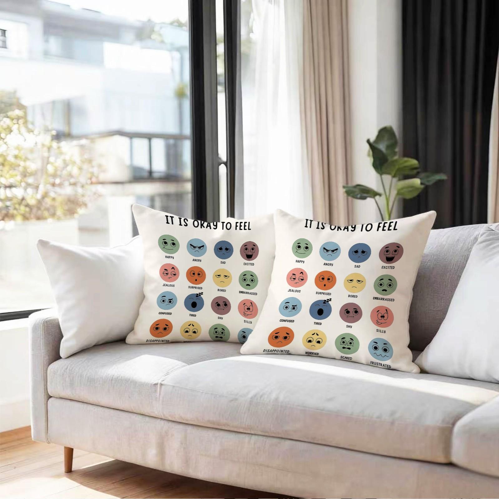 18 Inch It Is Okay to Feel Emotion Pillow Cover, Mental Health Awareness Emoji Throw Pillowcase, Dual Color Soft Cushion Cover for Sofa Couch Bedroom, Ideal Gift for Anxiety Relief & Self Care