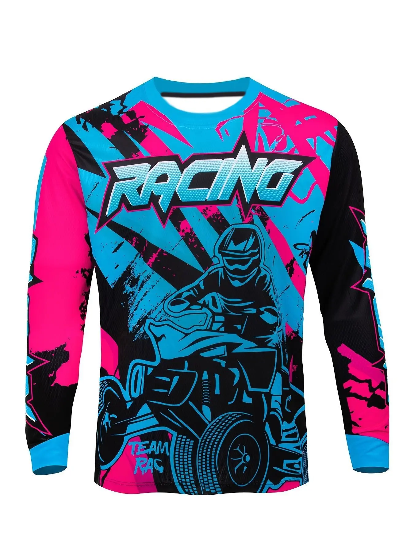 Men's Atv Racing Long Sleeve Top, Quick-Dry Breathable Off-Road Cycling Shirt, Blue Graffiti Print, Outdoor Sportwear, Athletic Top