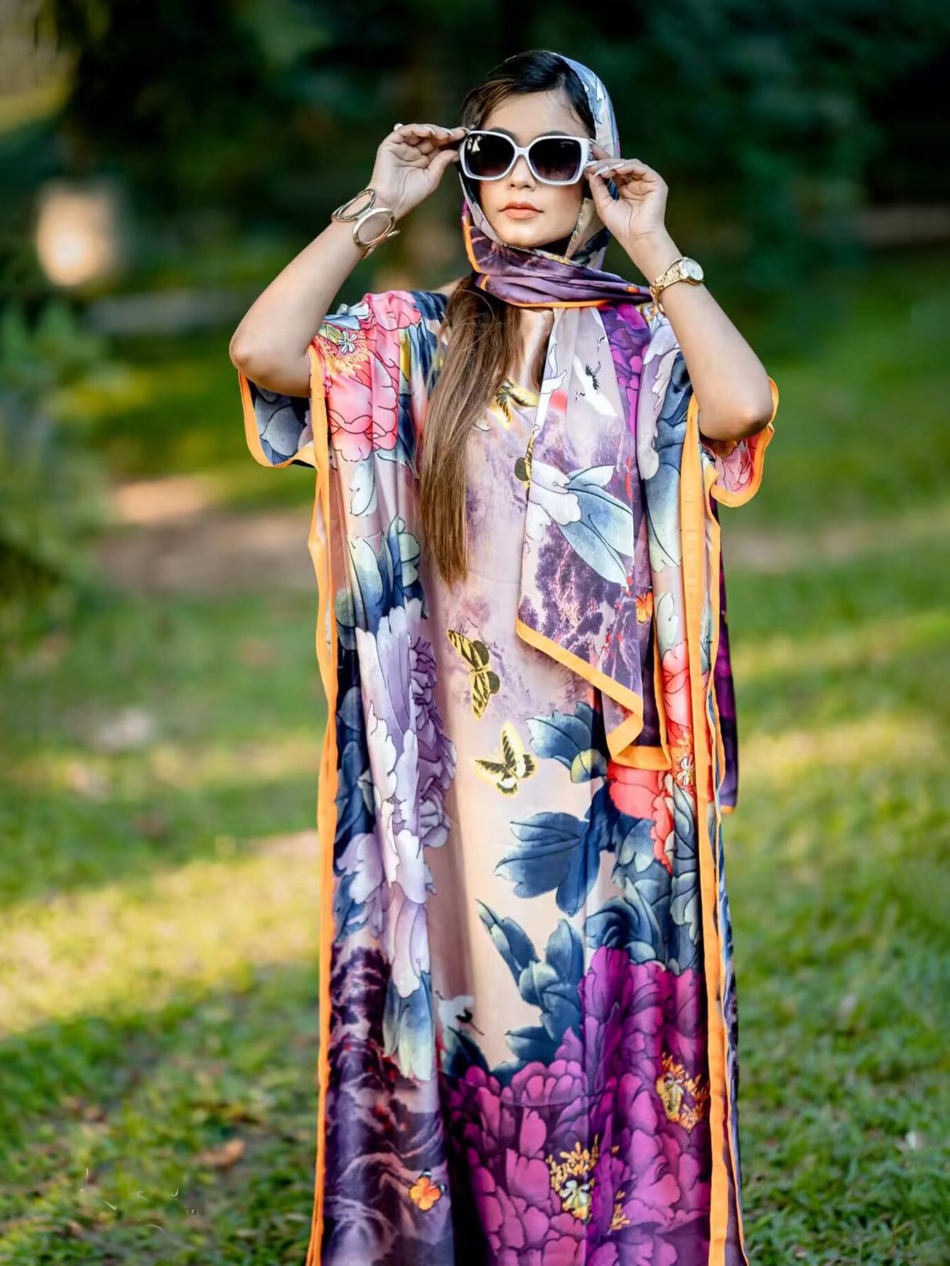 Elegant Women's Floral & Butterfly Print Cape Shawl & Scarf Set, Soft Boho Style Accessory for Beach Vacation, Perfect Gift for Mom, Floral Pattern Shawl