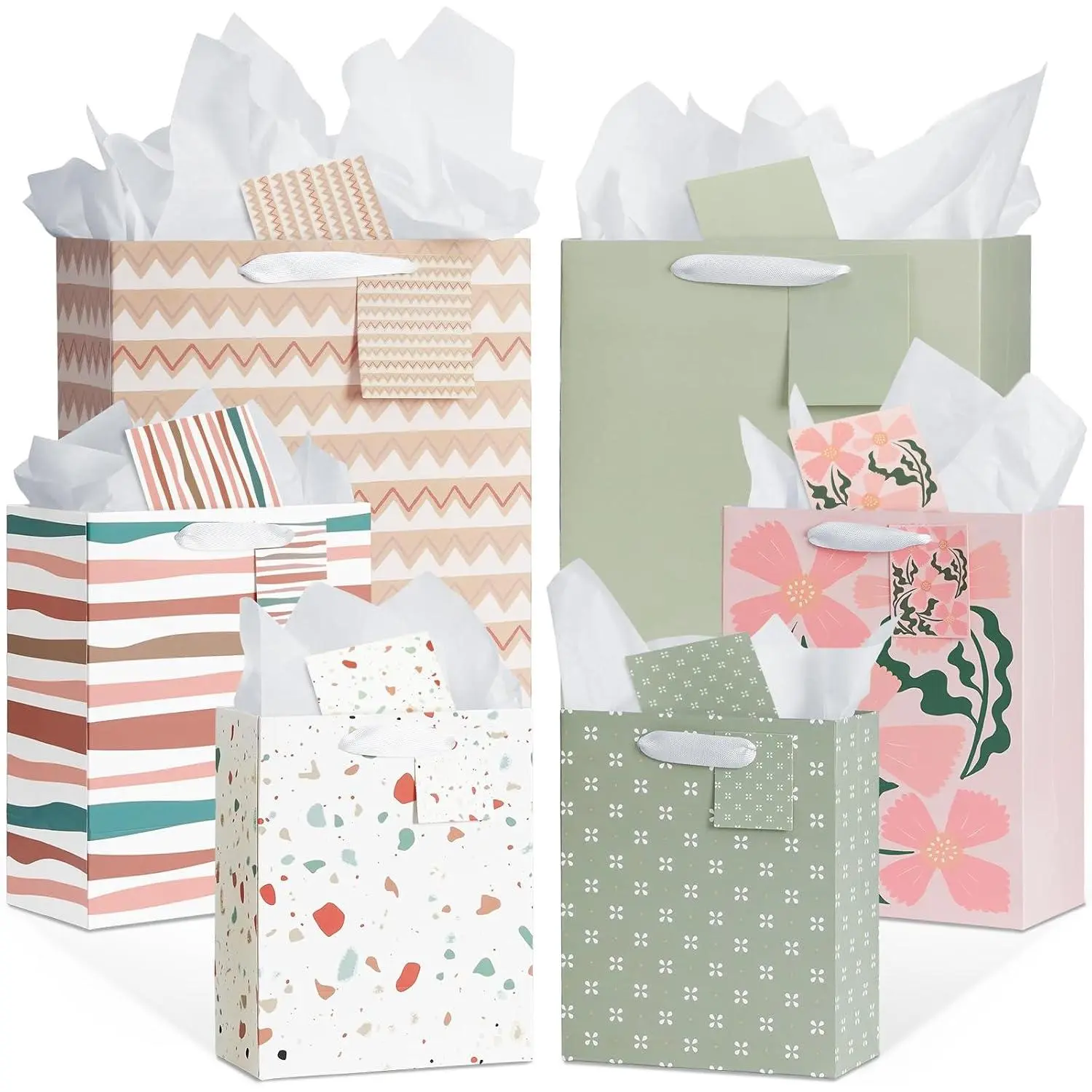 12 Pack  Bags, 6 Designs,  Sizes, with Tissue Paper & Cards | Thickened Recyclable Cardboard, with Hang Tags, 3 Sizes (8in, 11in, 14in), for Birthday, Wedding,  Shower, Easter &