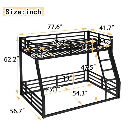 Floor Bunk Bed Frame, Heavy-Duty Bunk Bed for Kids, Teens, Adults, Noise-reduced Design, Black