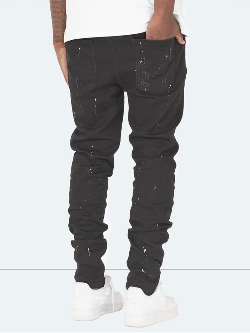 Men's Slim Fit Jeans, Ripped Colorful Splatter Design, Trendy Tight Street Style, All-Season Fashion Pants