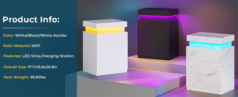 Sikaic Nightstand with LED Lights Charging Station Pink Modern Bedside Table with 3 Storage Drawers and Top Sliding Drawer Sikaic Nightstand with LED Lights Charging Station Pink Modern Bedside Table with 3 Storage Drawers and Top Sliding Drawer