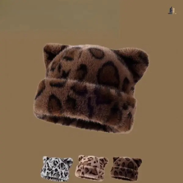 Women Leopard‑Print Plush Bear Hat, Sweet Cute Thick Warm Pull‑On Head Wrap, Cold‑Resistant Retro Versatile Knit Cap for Winter Daily Outdoor Wear