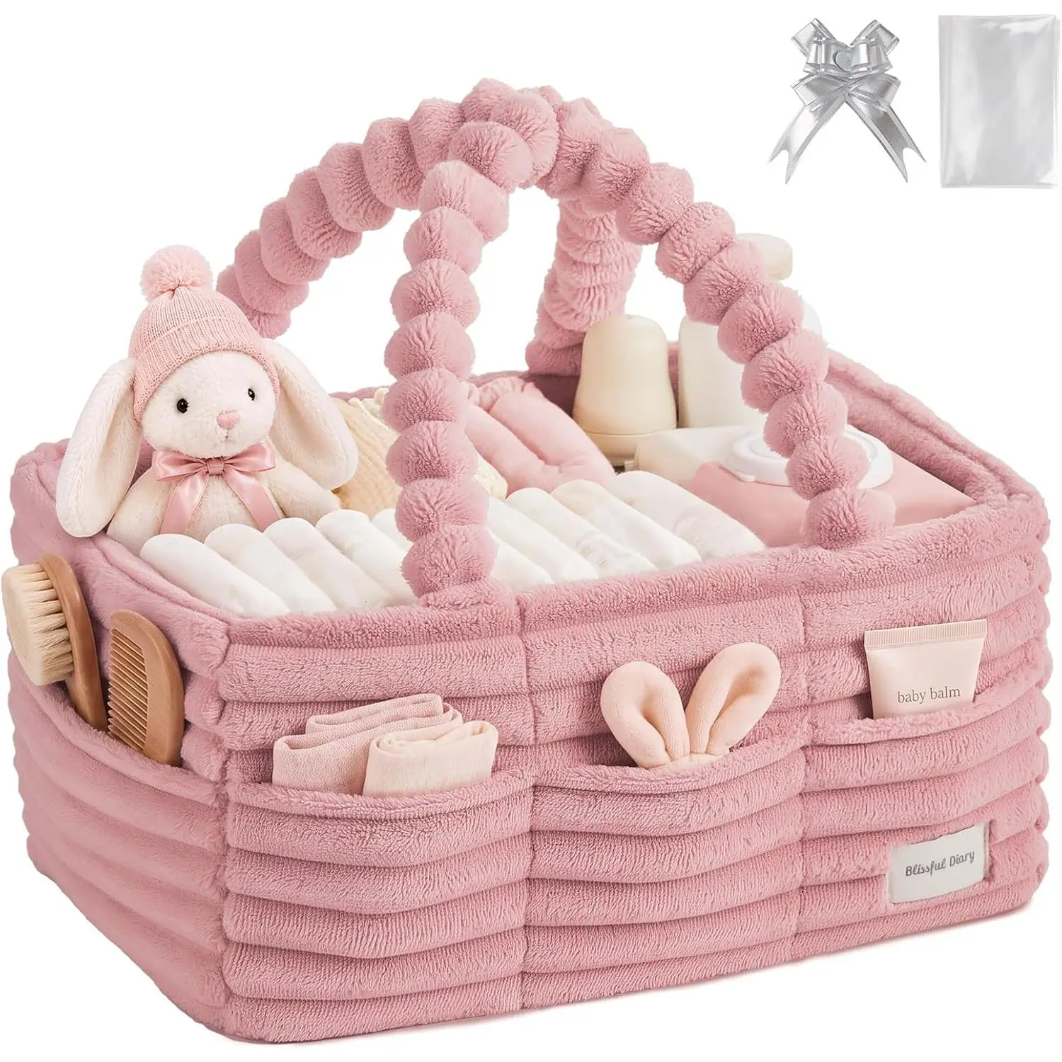Flannel Diaper Caddy Organizer with Gift Packaging, Portable Nursery Storage Basket, Blush Pink, for Newborn Boys and Girls
