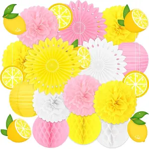 22pcs Summer Lemon Party Decorations - Yellow Pink Hanging Paper Fans, Pom Poms, Lanterns for Lemonade Stand for Birthday, Italian Home Backyard Indoor Outdoor Decor