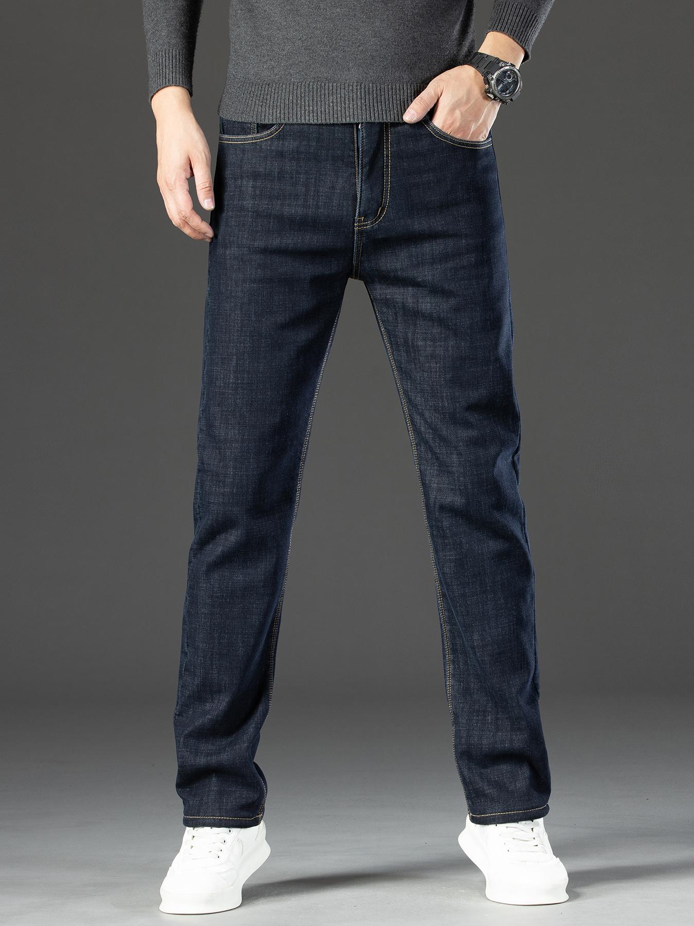 Men's Fleece Lined Denim Jeans, Winter Loose Straight Leg Warm Casual Pants, Thickened Thermal Comfortable Men's Clothing