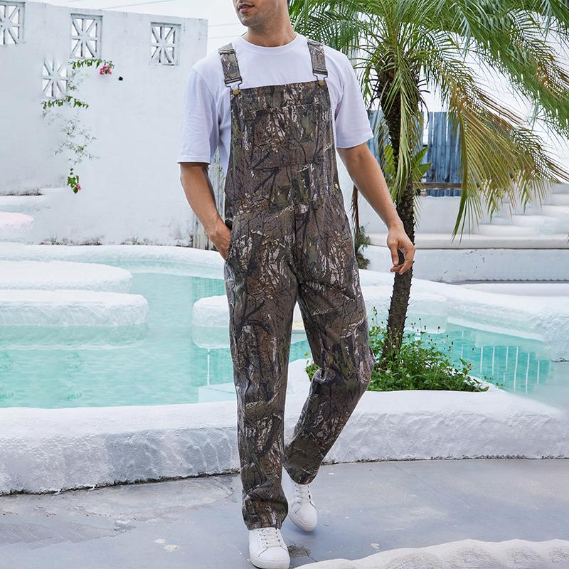 Yuanbang Men's Camo Adjustable Denim Overalls, Fashion Leaf Pattern Bibs Coveralls with Pockets, Camouflage Outdoor Wear Jumpsuit with zipper, Fall Winter Menswear