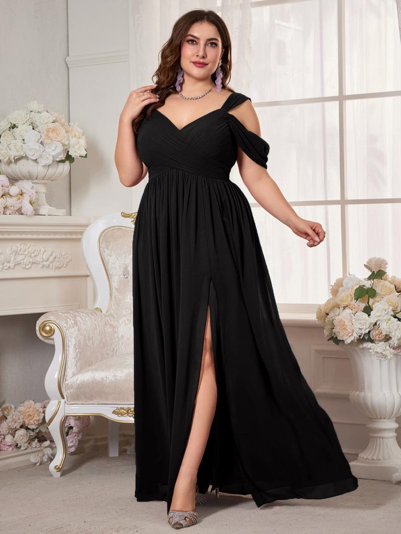 Elegant V Neck Backless Ruched Waist Chiffon Dress, High Slit Bridesmaid Gown, Pure Color Flowy A-Line, Perfect for Weddings