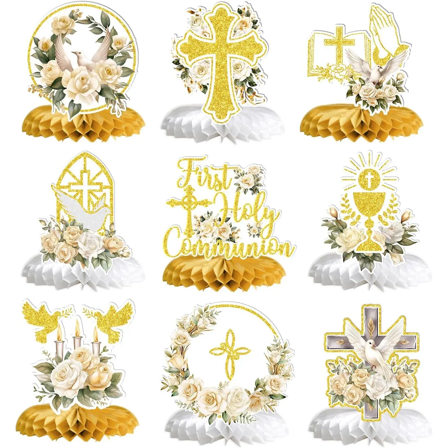 First Holy Communion Honeycomb Centerpieces, Baptism Decorations, God Bless Religious Party Table Decor, First Communion Table Centerpiece, Christening Shower Party Decorations 9PCS