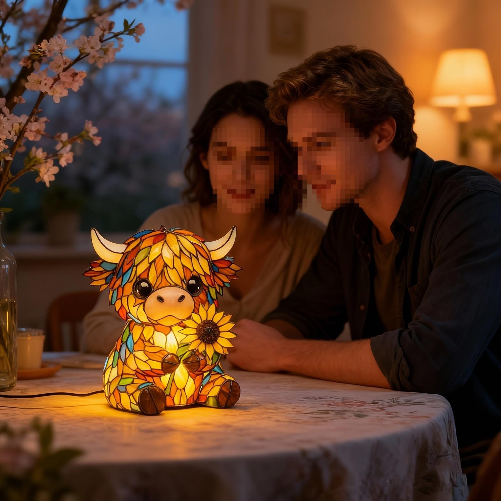 Funny Highland Cow Sunflower Statue, Warm Tone Quirky Style Desktop Lamp, Eco-Friendly Resin, USB Powered, Perfect Gift for Animal Lovers