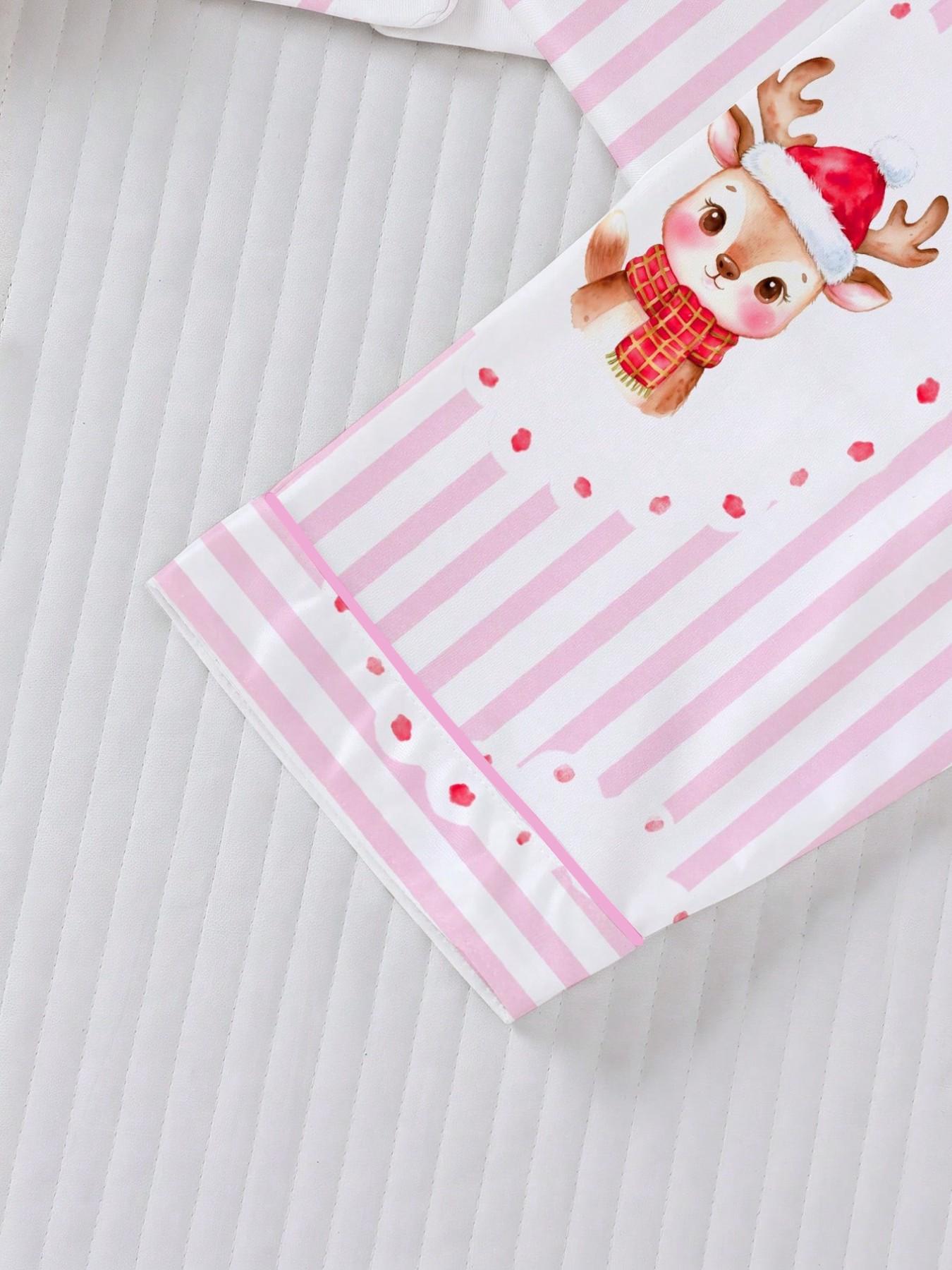 Christmas Pajamas, Striped Santa & Reindeer Print, Long Sleeve, Fitted, Soft & Breathable, Holiday Party Set