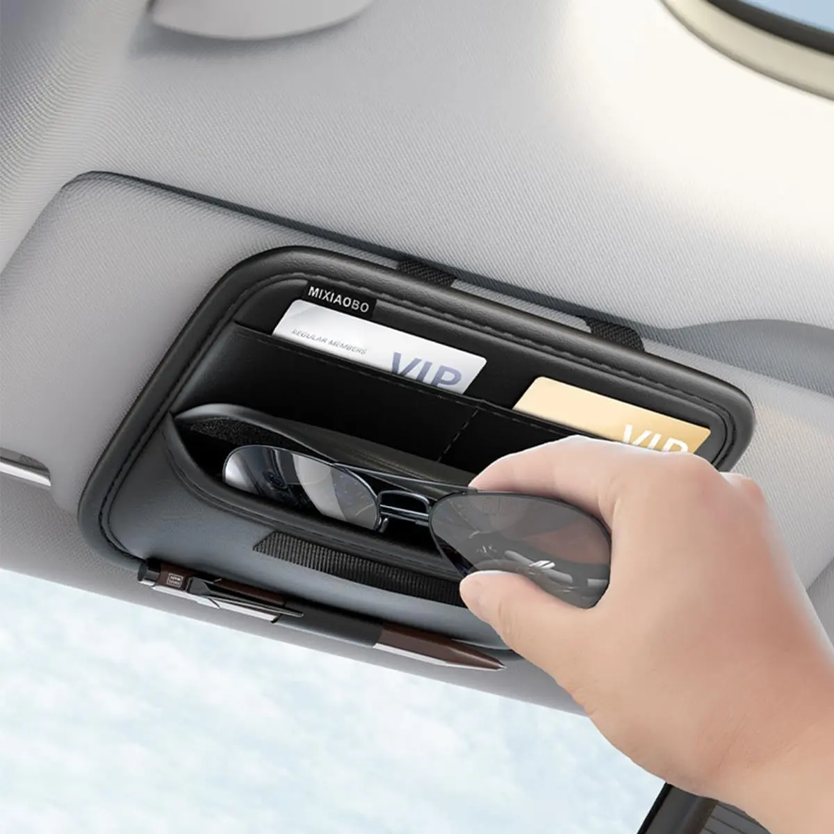 Sun Visor Organizer,  Sunglasses Holder with Adjustable Elastic Strips, Sunvisor Storage with Card Sleeve, Leather Visor Accessories for Sunglasses Pen Drivers  Key