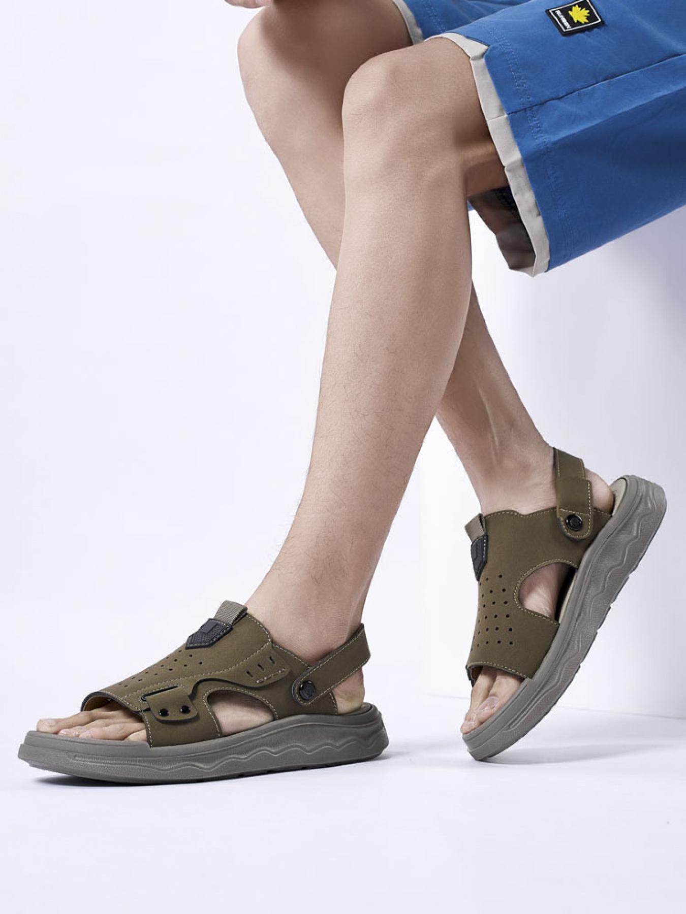 Men's Solid Color Dual-Wear Velcro Closed-Toe Sandals Thick-Soled Breathable Beach Shoes Non-Slip Wear-Resistant Outdoor Water-Resistant Sandals