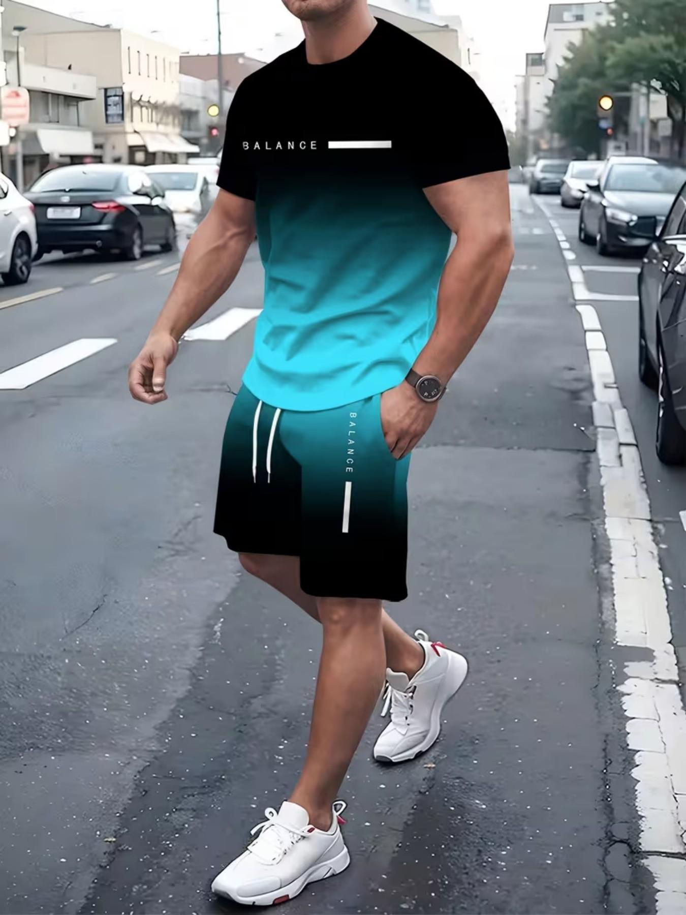 Men's Gradient Fitness Short Sleeve Set, Summer Trendy Sportswear Casual Two-Piece, Fitted Tee and Shorts, Regular Length Men's Gradient Fitness Short Sleeve Set, Summer Trendy Sportswear Casual Two-Piece, Fitted Tee and Shorts, Regular Length