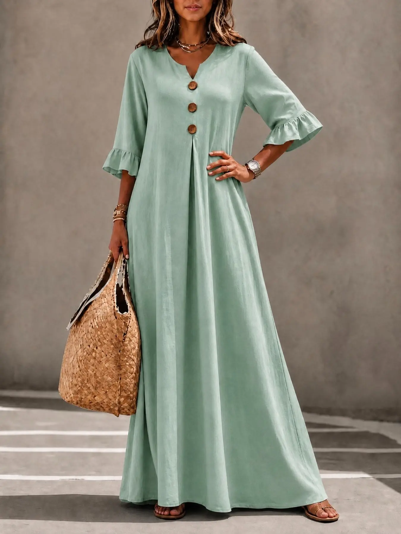 Women's New Solid Button V-Neck Long Dress, Elegant Casual Slim Fit Dress, Elegance