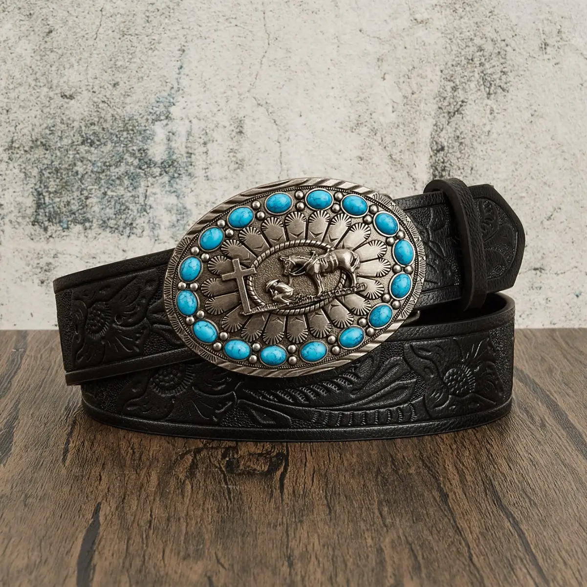 Female Vintage Western Heavy Duty PU Leather Waist Belt for Jeans - Floral Embossing Strap, Turquoise-Accented Horse Pattern Large Alloy Buckle, Retro Cowgirl Cowboy Wear Accessory, Multiple Sizes