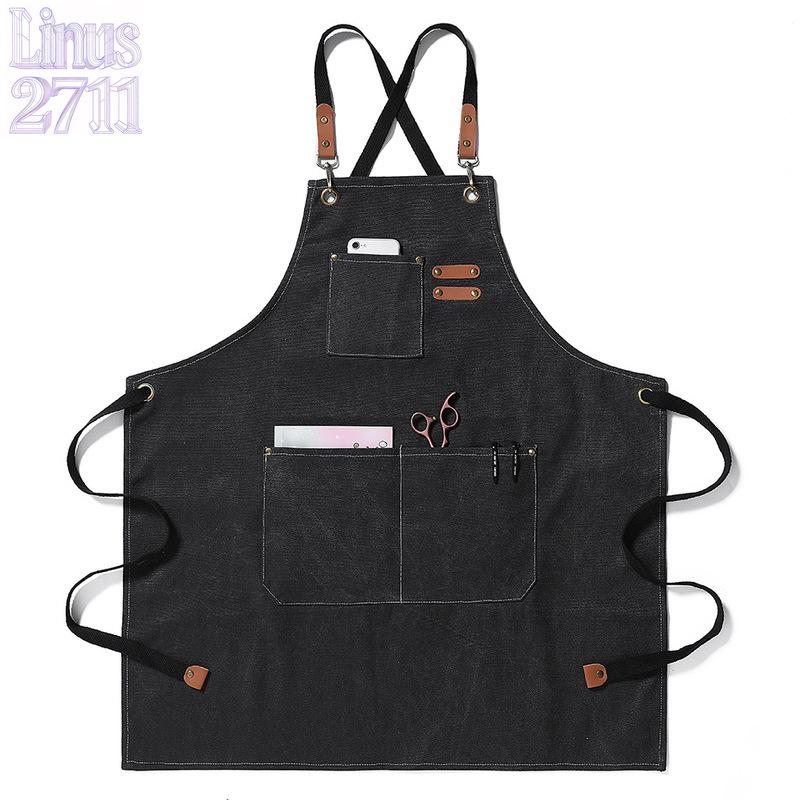 Cotton Canvas Cross Back Work Apron Leather Adjustable Strap Multi Pocket Oil Resistant Kitchen Coffee Shop Gardening Artist Unisex Custom Logo Blank Apron