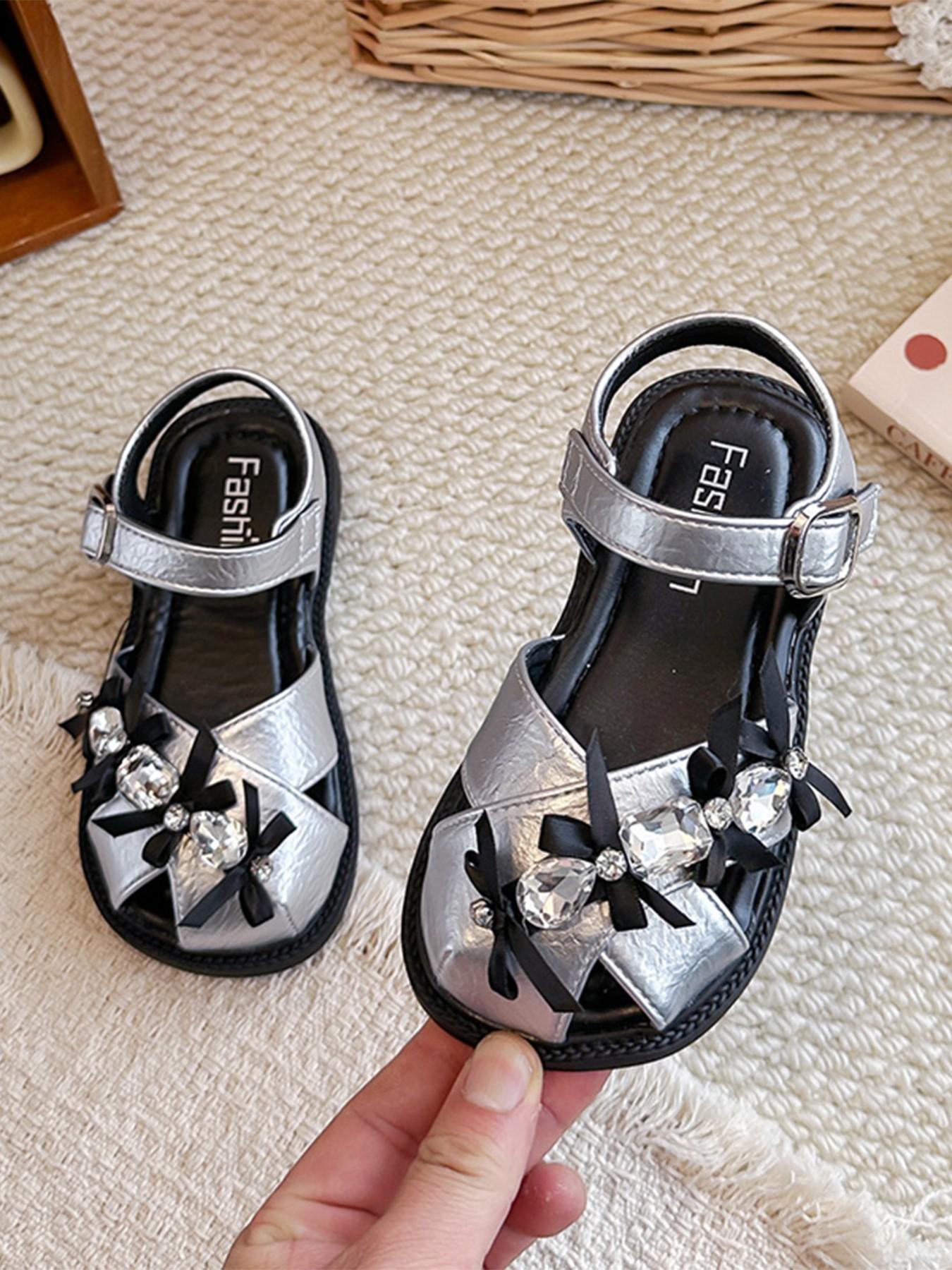 Girls' Closed-Toe Sandals, Soft Sole Anti-Slip, Rhinestone Bow, Velcro Closure, Ages 2-12, Comfortable Summer Footwear