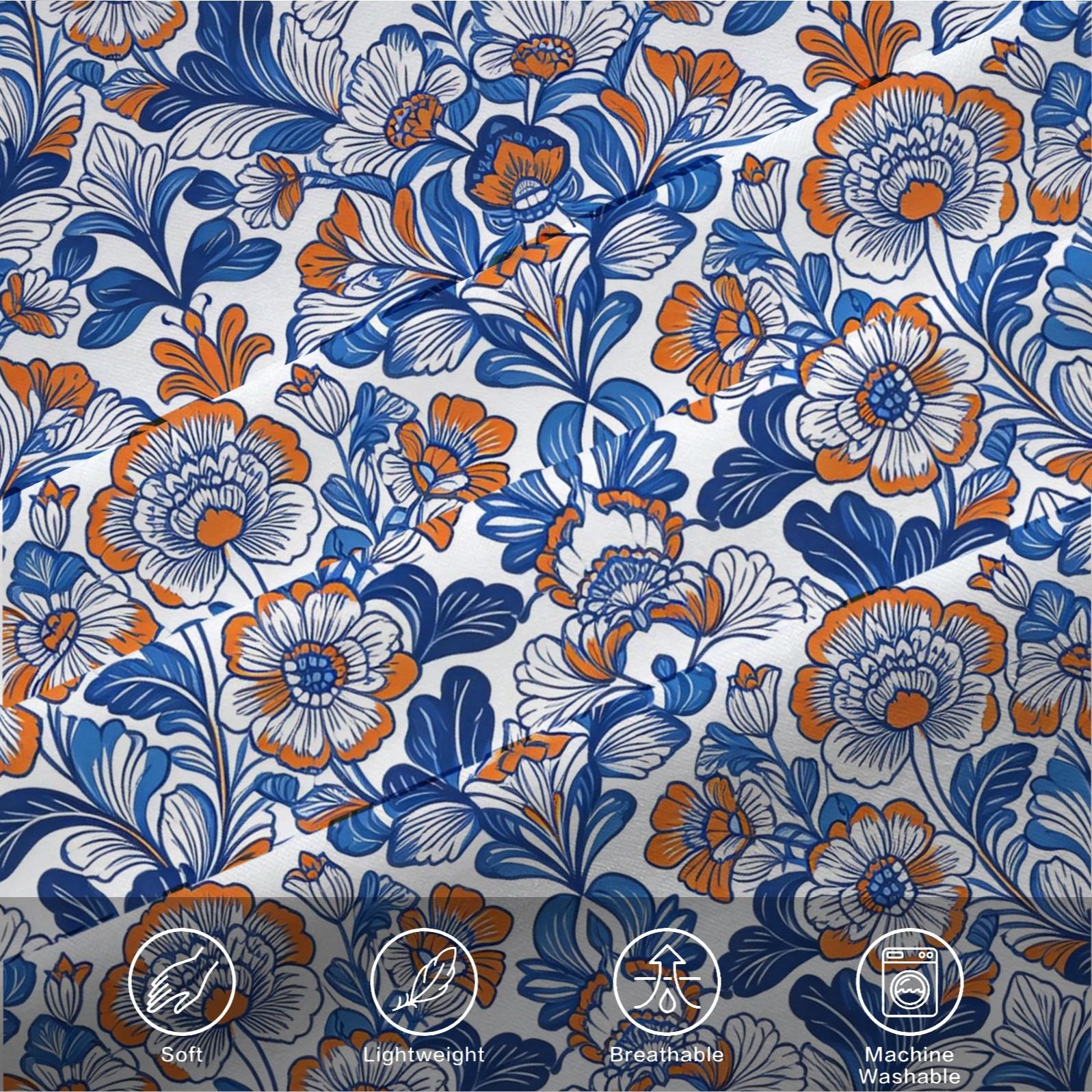 2/3 Piece Bohemian Blue Orange Floral Duvet Cover Set, HD Digital Printed Comforter Cover, Soft Breathable Bedding Set with Zipper & Corner Ties, No Inserts for Bedroom Decor