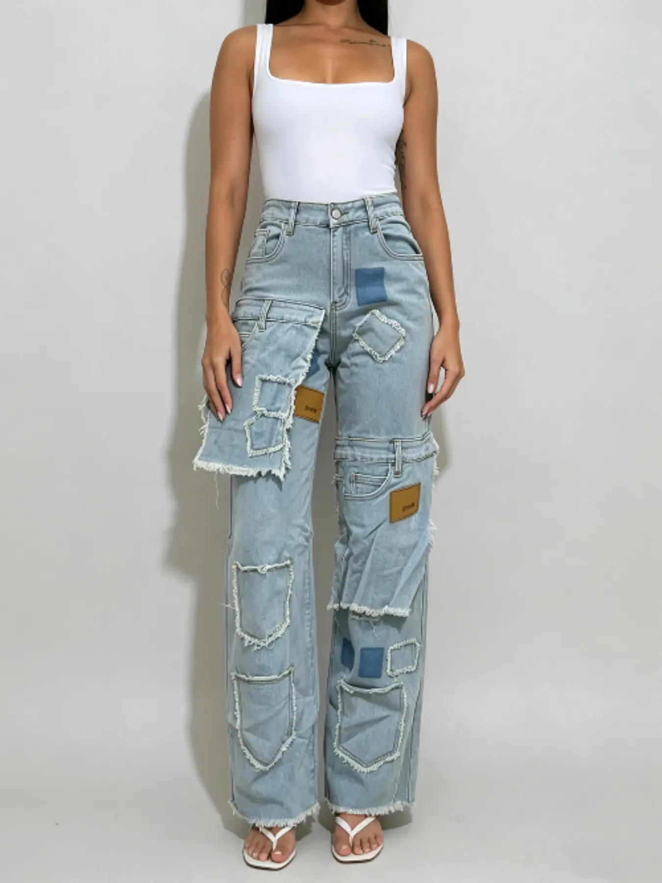 Women's Fashion Loose Straight Leg Multi-Pocket Patchwork Streetwear Pants, Frayed Hem Cargo Jeans, Casual Bohemian Trousers, Casual Long Trousers for Spring & Fall Seasons, Casual Chic Bottoms