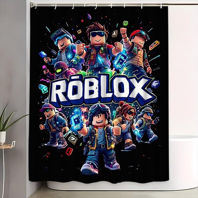 Roblox Game Theme Bathroom Four Piece Set, Character Print Shower Curtain, Player Exclusive Bath Mat, Toilet Pad, U-Shaped Pad, Elegant Bathroom Decor