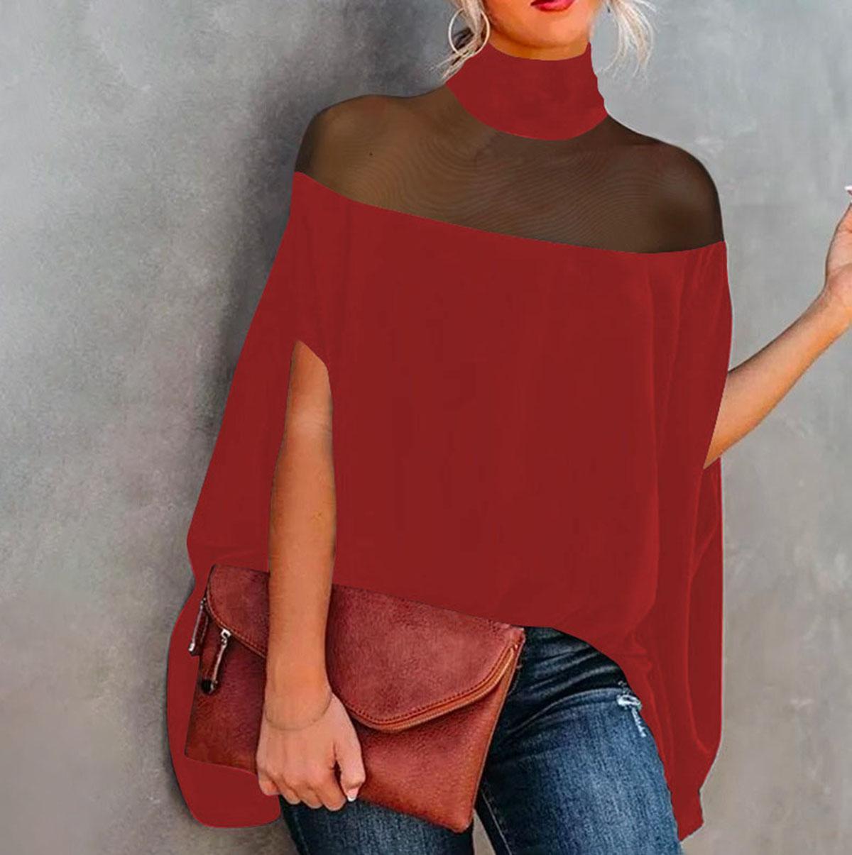 UOOZEE Women's Batwing Sleeves See-Through High-Neck Blouse – Minimalist, Casual Comfort for Everyday Wear casual long sleeve knit top The size is too big, it is recommended to order a smaller size Fit Shirts Black Womenswear Basic Check Turtleneck Loose