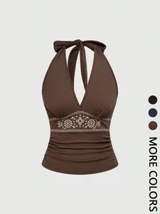Vintage Coffee Color Embroidered Halter Top, Butterfly Knot Low Neck Design, Hippie Style Summer Vacation Casual Shirt