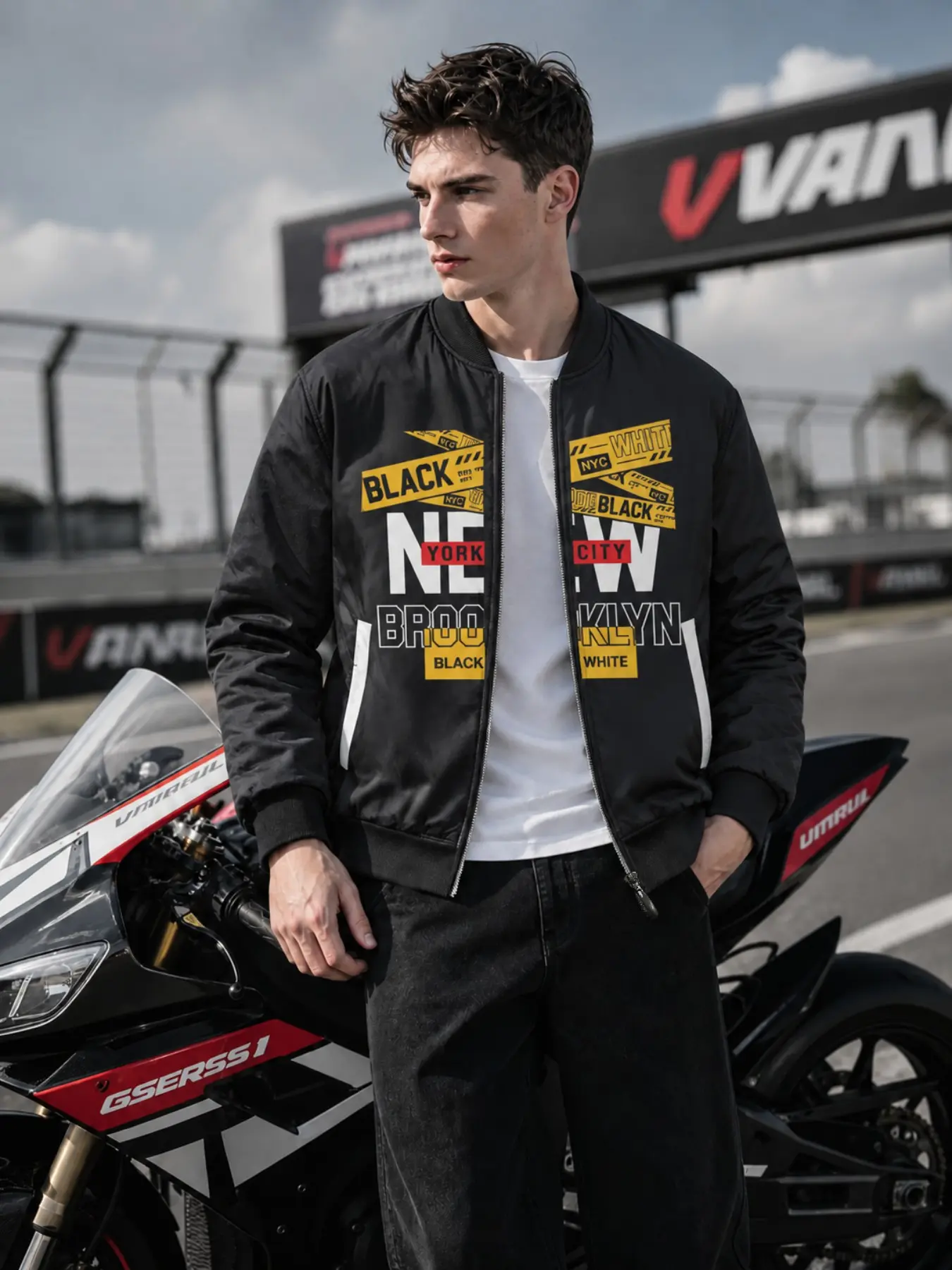 Men's New York Brooklyn Letter Print Bomber Jacket, Casual Fashion Jacket, Street Style Long Sleeve Outerwear, Casual Slim-Fit Top, All over Print Design