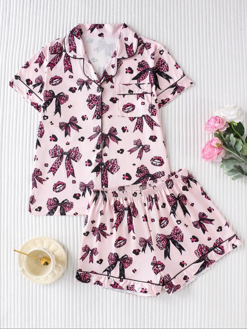 Women's Leopard Bow Print Sleepwear Set, Casual Fitted Short Sleeve Top & Loose Comfortable Shorts, Elegant Ladies' Nightwear