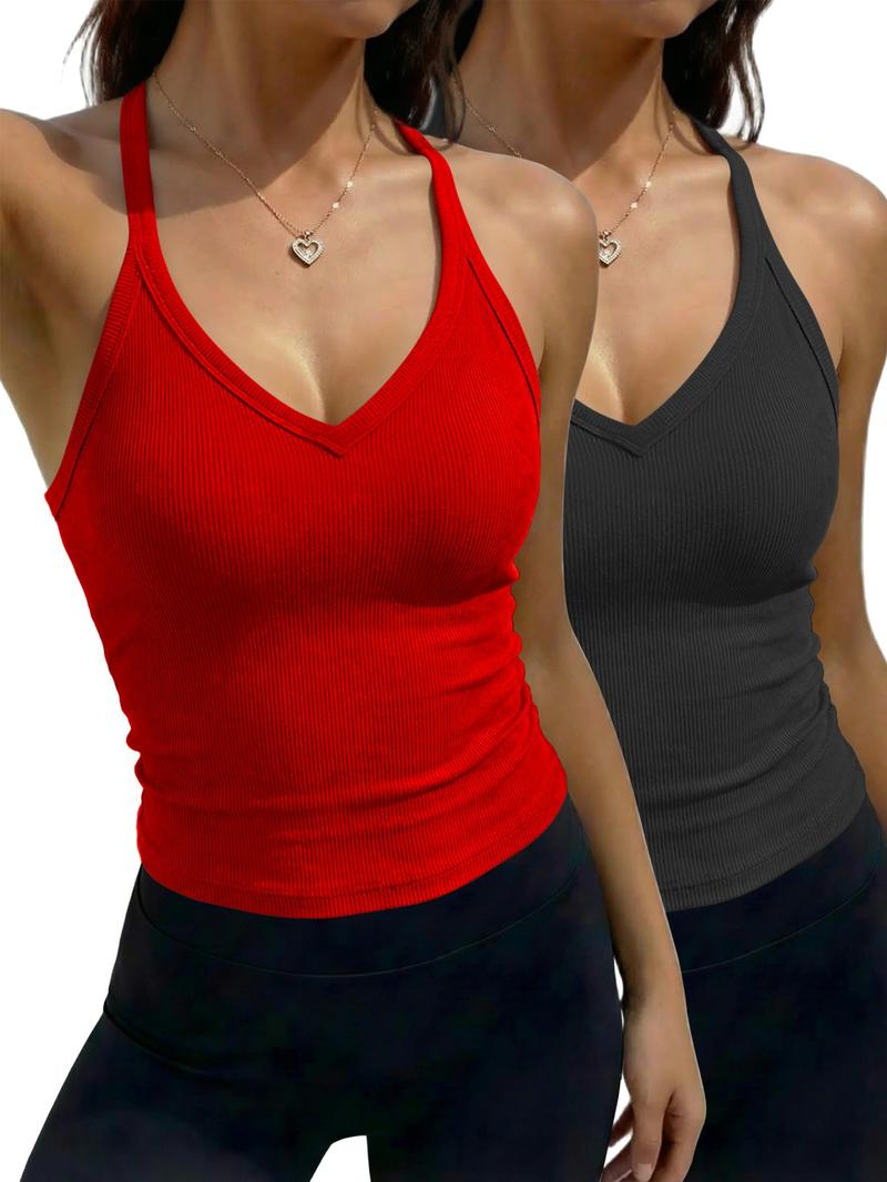 Women's Solid Racerback Tank Top, Casual Sleeveless Deep V- Neck Top for Summer, Ladies Clothes for Daily Wear, Breathable Sleeveless Tops