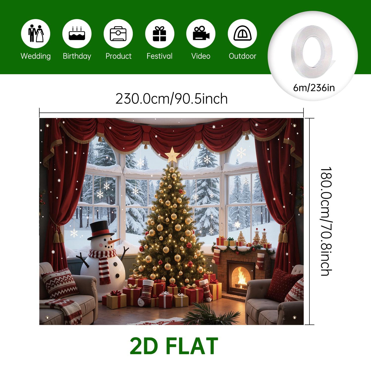 Christmas Theme Background Banner, Durable Polyester, Festive Home Decor, Tree with Bells, Gifts, Snowman, Fireplace, Party Decoration