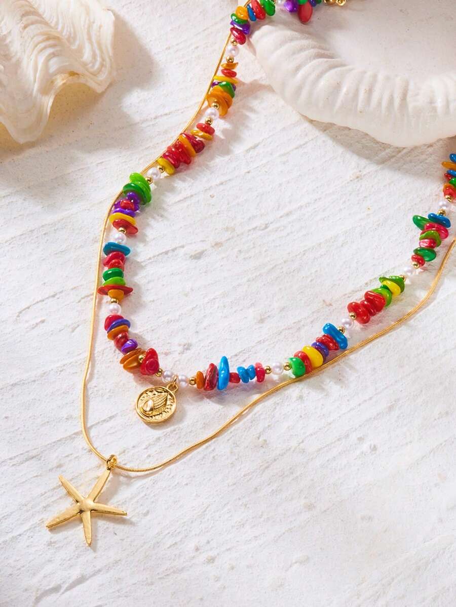 3pcs Summer Bohemian Style Multi-Color Faux Pearl Multi-Layer Necklace Set With Shell Pendant, Suitable For Beach, Travel, Daily Decoration, Outfit Matching, Dating, Party, Holiday Gift For Women