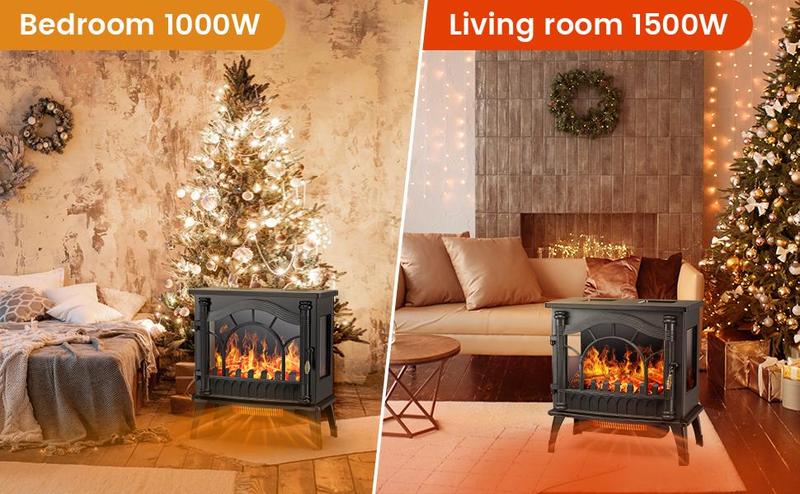 COWSAR Electric Fireplace Stove, Freestanding Fireplace Heater with Realistic Flame, 1000/1500W Fireplace Heater, Overheating Safety Device, Thermostat, Adjustable Flame Brightness
