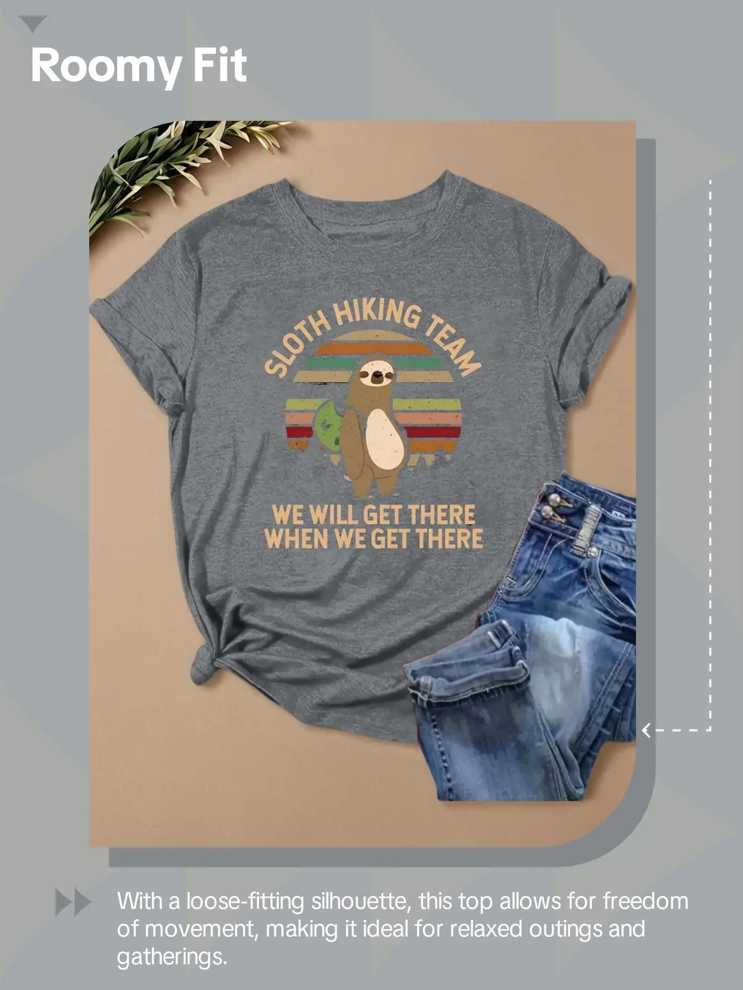 【Plus Size】 Women's Cartoon Sloth & Letter Print Round Neck Tee, Fashion Casual Crew Neck T-Shirt for Daily Wear, Ladies Clothes for All Seasons, Womenswear