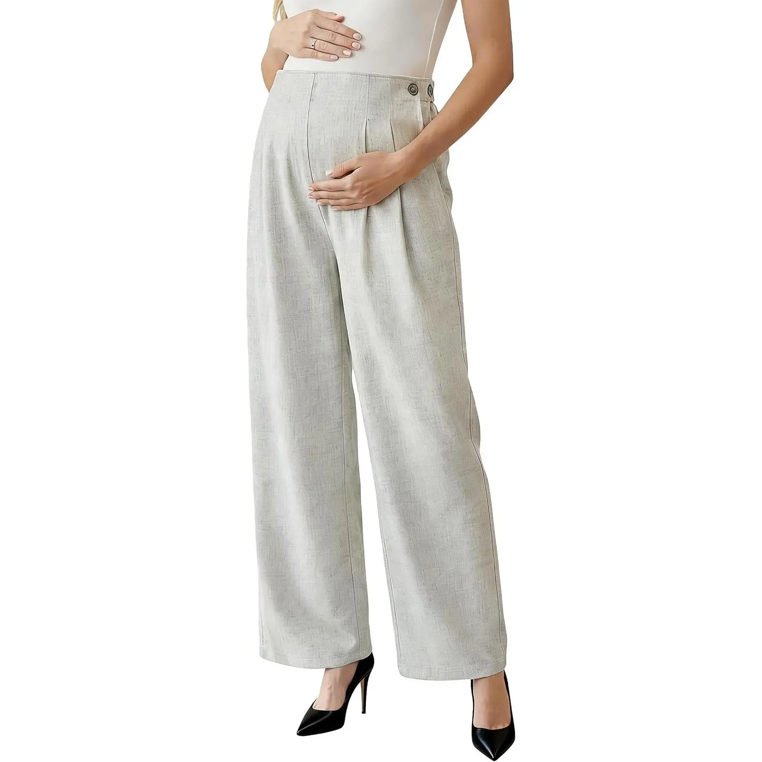 Women's Linen Maternity Pants Casual Work Adjustable Waist Straight Leg Business Office Trousers with Pockets