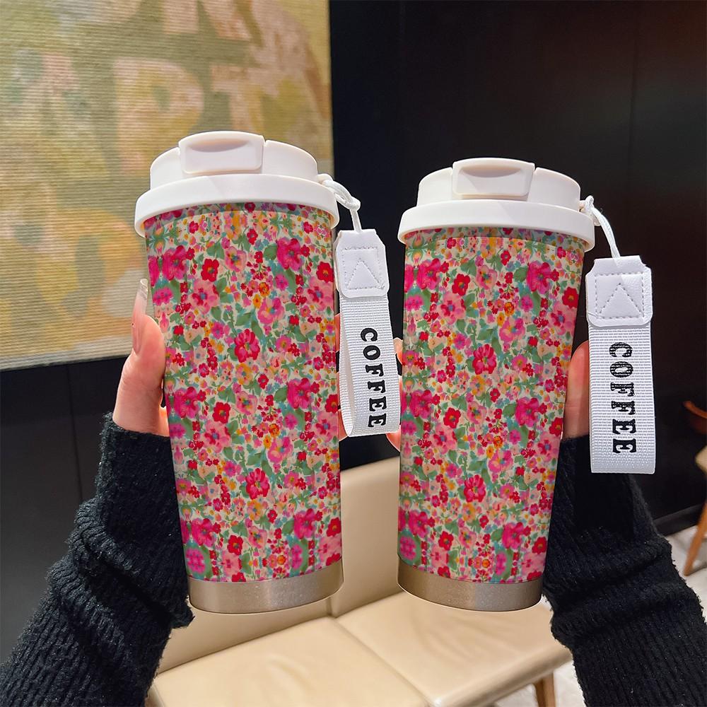 Fashionable Oil Painting Floral Vine Texture Coffee Cup, Portable Dual Drink Insulated Mug, Heat/cool Keeper, Office Travel Essential