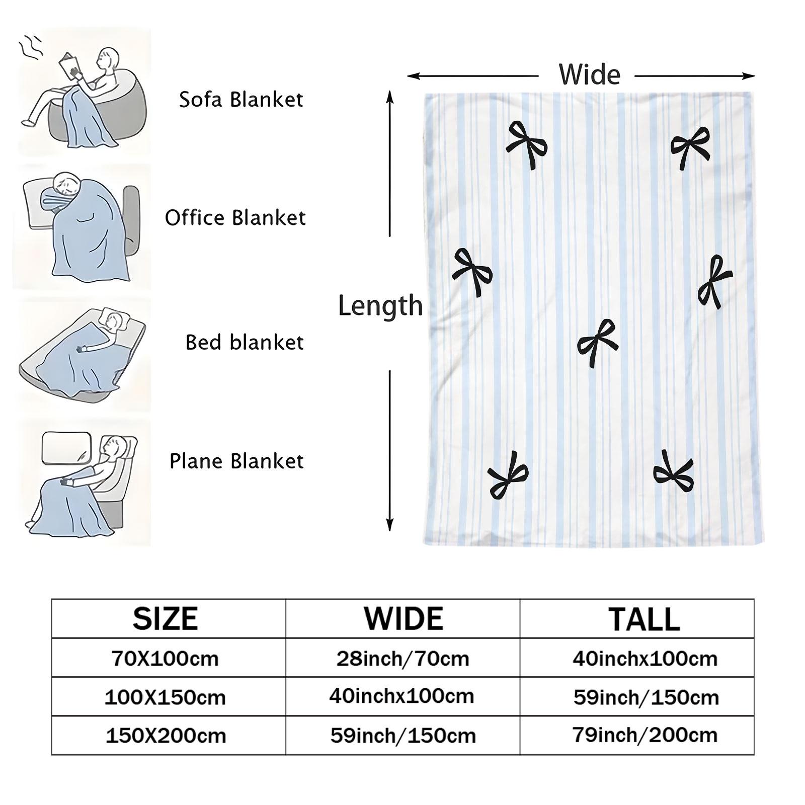 1-Piece Set of Light Blue Striped Cartoon Bow-Printed Blanket, All-Season Flannel Blanket, Available in Multiple Sizes, Soft and Breathable, Perfect for Sofas, Beds, and Office Naps