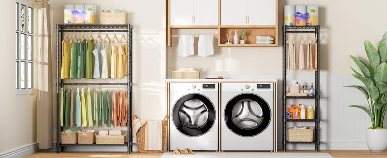 Ulif E10 Clothes Rack（With Stretchable Hanger Rod）Freestanding Clothing Racks for Hanging Clothes，Adjustable Closet Organizer System，Portable Garment Rack 73-97"W x 15" D x 72" H，Max Load 800LBS，Black Pastel