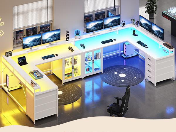 SEDETA 109 Inch L Shaped Gaming Desk with 4 Drawers Display Cabinet Computer Desks with 2 Monitor Stands CPU Stand LED Lights and Power Outlet