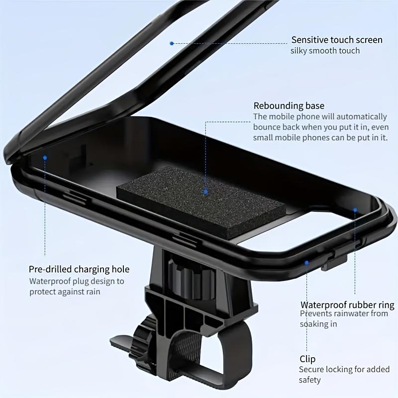 1 piece set of ABS material rotatable phone holder, suitable for bicycles and motorcycles; Fully enclosed waterproof, rainproof and shockproof design, with a touch screen protective shell, stable shock absorption, and reserved charging port; Compatible wi