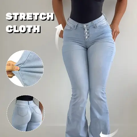 GILIPUR Women's Light Blue Washed High Waist Multi-Button Fly Butt Lifting Stretchy Flare Jeans, High Stretch Slim Fit Floor Length Bootcut Denim Pants, Y2K Vintage Streetwear Daily Date Night Outfits for Women TChic