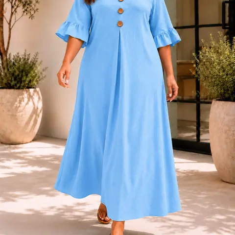 Plus Size Women's Solid Color Notched-Neck Wooden Button Dress, Loose-Fit Ruffle Sleeve Long Dress, Casual Style A-Line Dress for Office & Vacation, Loose Fitting Dress