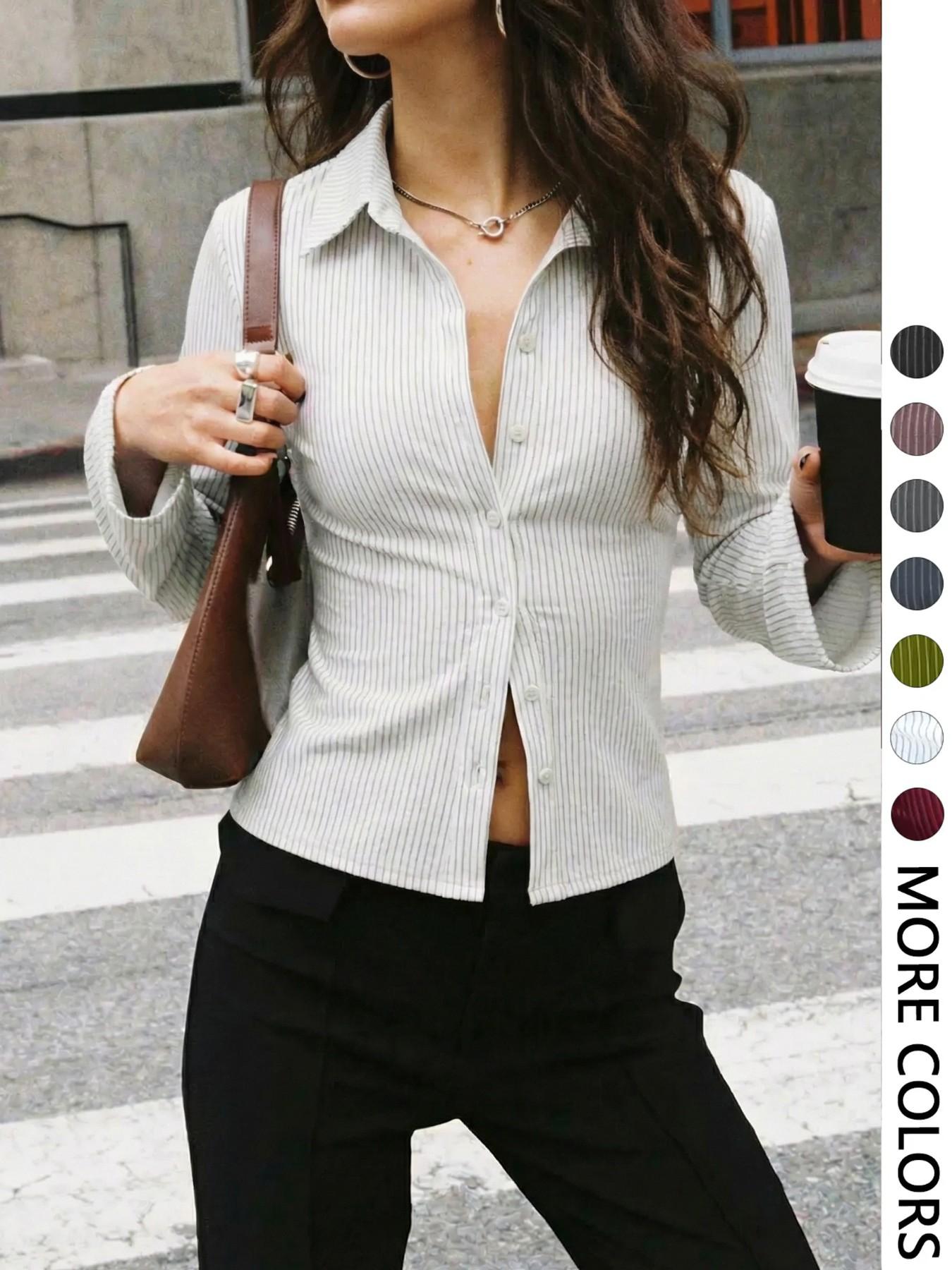 Women's All-Over Striped Print Button Front Blouse, Casual Long Sleeve Top for Spring & Fall, Ladies Clothes for Daily Wear, Casual Fashion Shirt