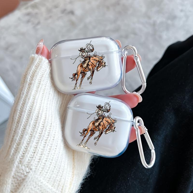 Cowboy's Wild Ride Pattern TPU Soft Protective Case for Apple AirPods 4/3/2/1/Pro/Pro2 Transparent Earphone Cover with Keychain Attachment