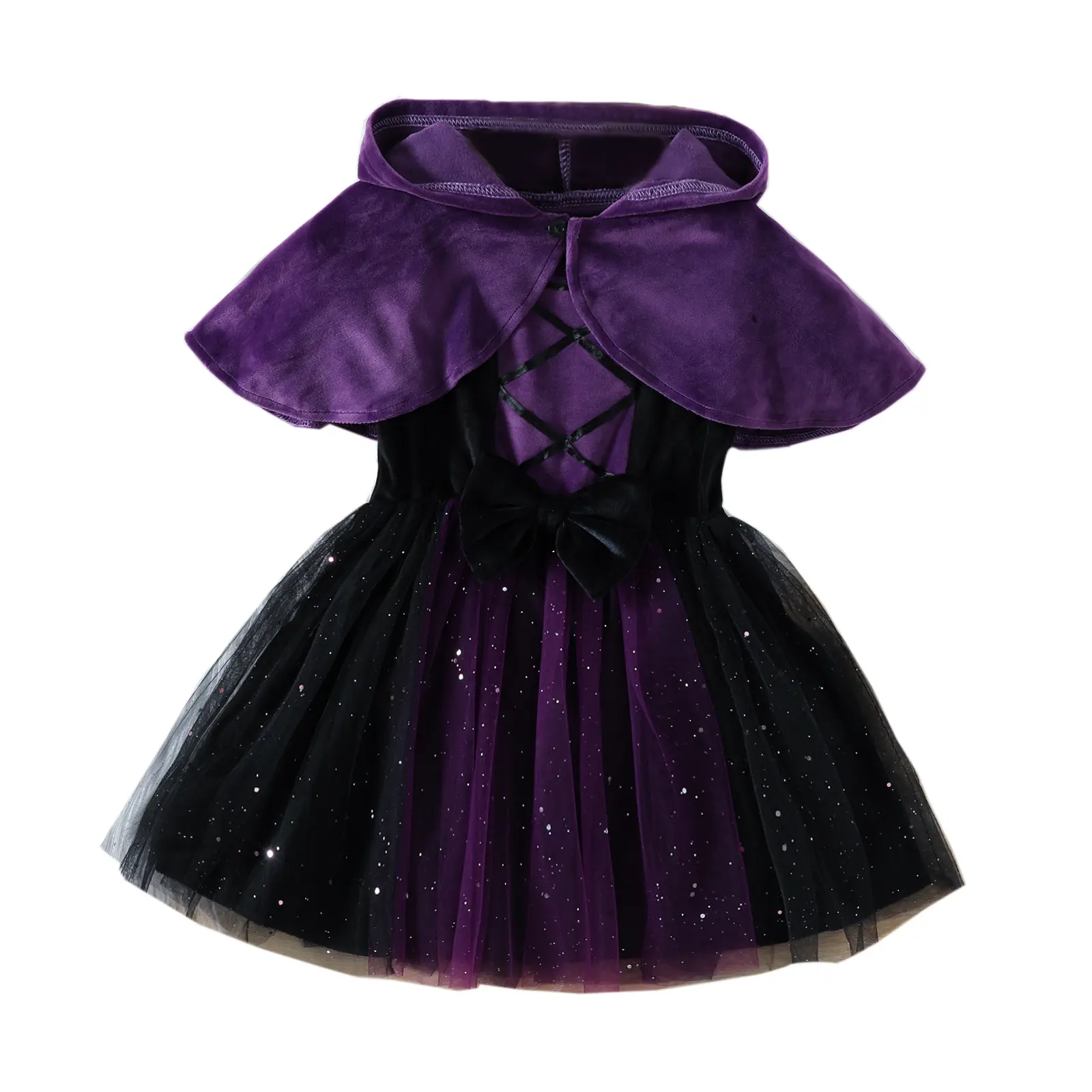 Halloween Toddler Girls Witch Costume Kids Purple Witch Hooded Cape Sleeveless Tulle Dress Velvet Cloak Cosplay Party 2PCS Outfit